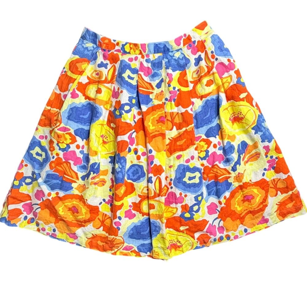 Liz Claiborne Skirt 12 Floral 100% Linen Pleated Lined Pockets Resortwear Cruise